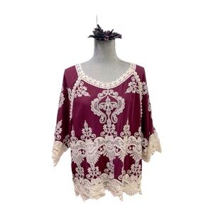 Leo & Nicole
Contrast Embroidered Lace Scoop Neck Scallop Edge 3/4 Sleeve Top PL